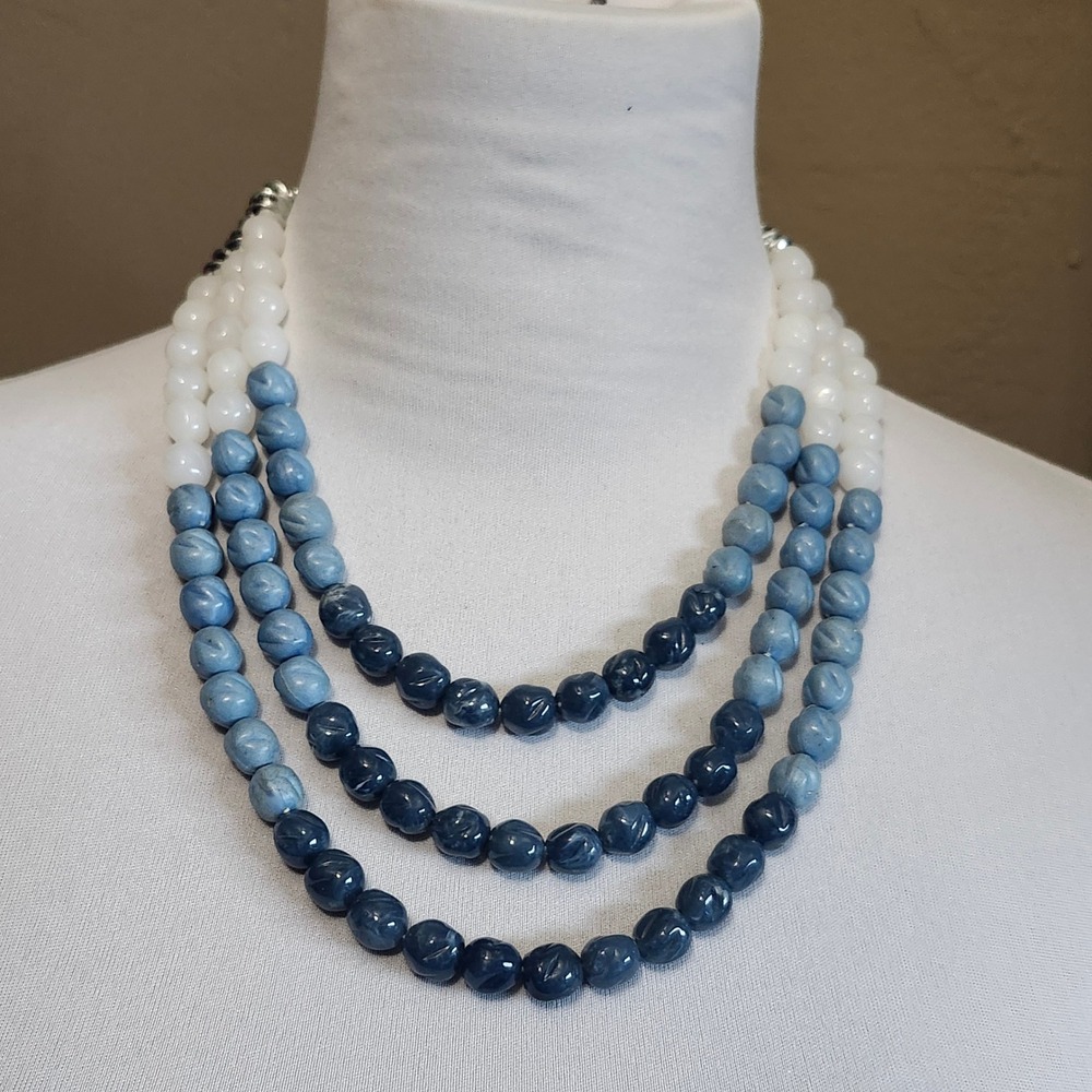 Three Strand Beaded Necklace Blue White Statement Fashion Jewelry